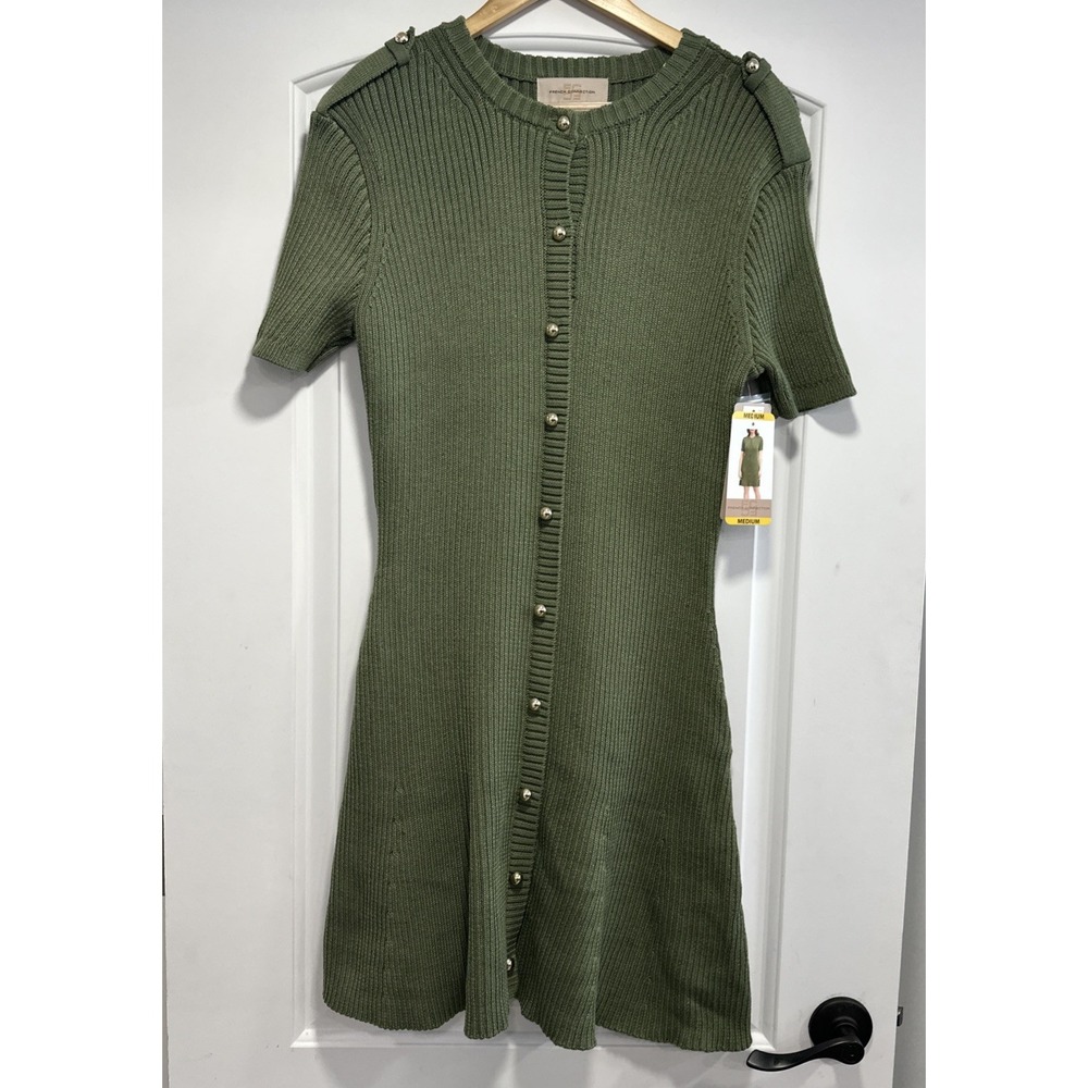 French Connection Short Sleeved Gold Military Button Ribbed Mini Sweater Dress M